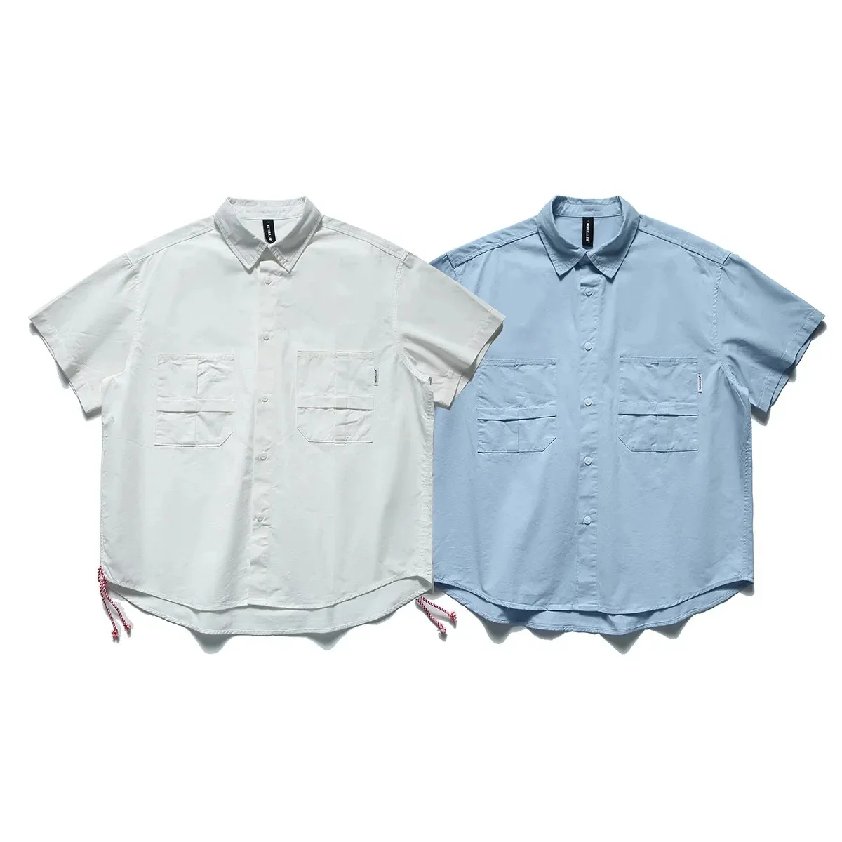 Solid Color Red Rope Short Sleeve Shirt Men Fashion Streetwear Cityboy Oversize Loose Casual Pure Cotton Cargo Shirts