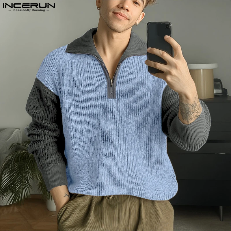 INCERUN Men Pullovers Patchwork Lapel Long Sleeve Knitted Spring Autumn Casual Male Sweater Zipper Streetwear Men Clothing S-5XL