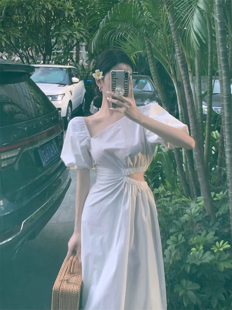 

Plus Size plus Size Women's White Asymmetrical oulder Bared Dr Slimming Waist Midi Skirt Korean Sle Commute Bubble Sve V-ne