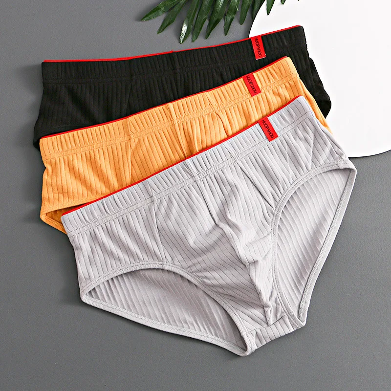 Men's convex bag triangular pants, youth comfortable breathable striped underwear, solid color elastic soft underwear