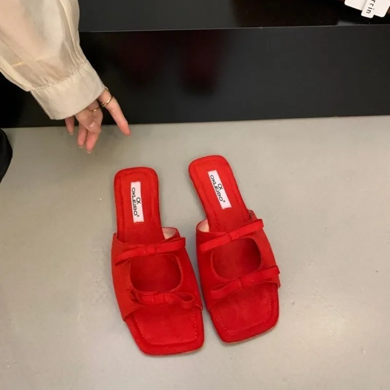 

French Slippers Women Outer Wear 2026 Niche Flat Square Toe Bow Cold Slippers Beach Shoes