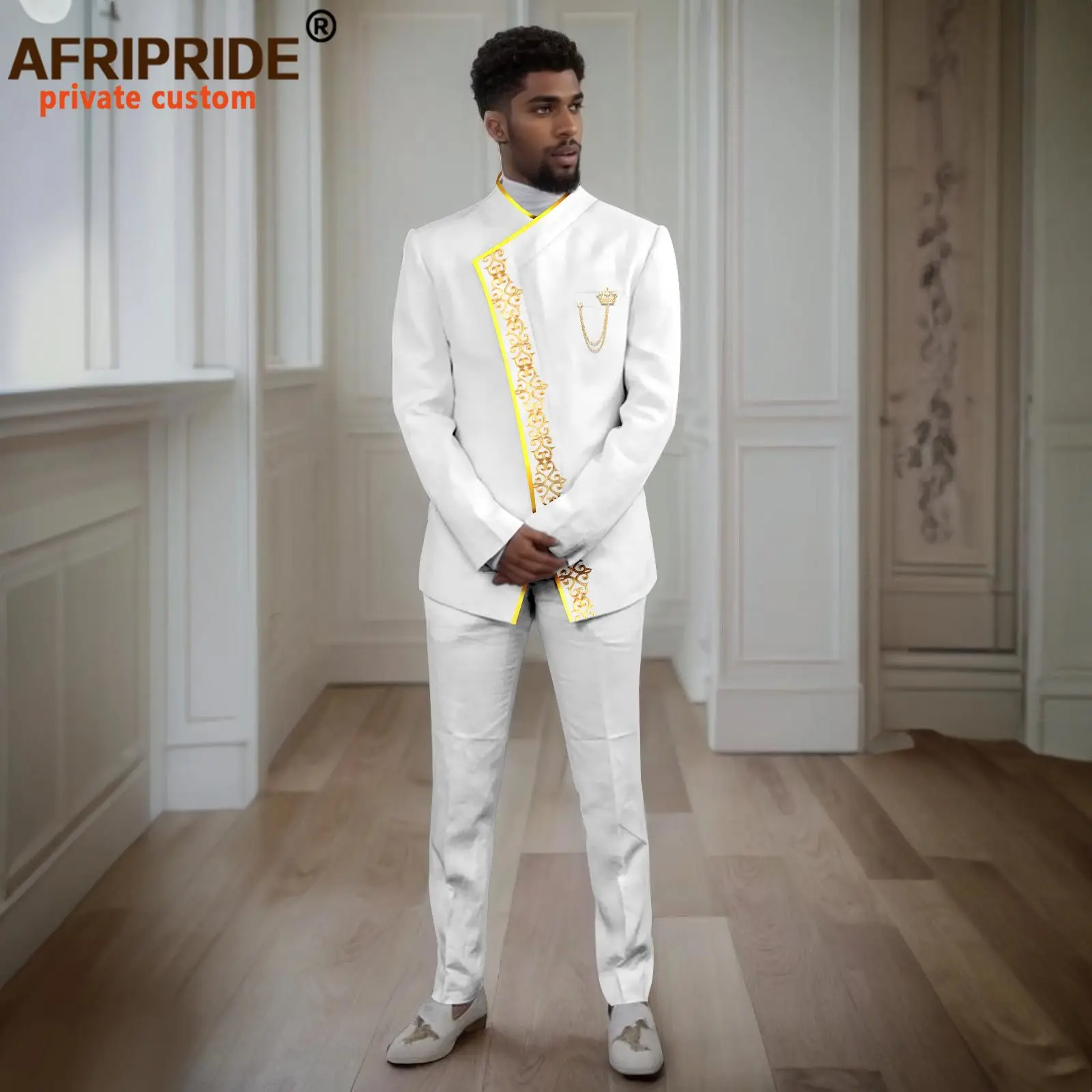 Men`s Suits Slim Fit Embroidery Blazer and Pants 2 Piece Set Formal Suit Dashiki Outfits with Brooch African Clothes 2416053