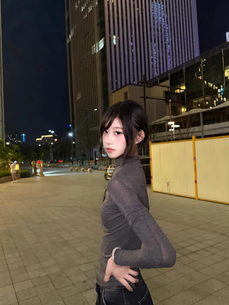 Thin and Soft American Long Sleeve T-shirt for Women, High Stacked Neck, Tight Perspective Bottom Shirt, Slim Fit Tops, Sexy Str