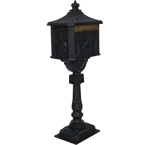 Cast Aluminum Post Mount Mailbox, Heavy Duty Courtyard Villa Decoration Vertical Security Postal Mailbox, Black