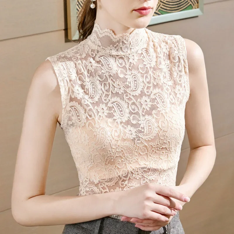 Oversized White Lace Blouses Womens 2024 Fashion Sleeveless Summer Blouse Women Clothe Korean Transparent Office Black Sexy Tops