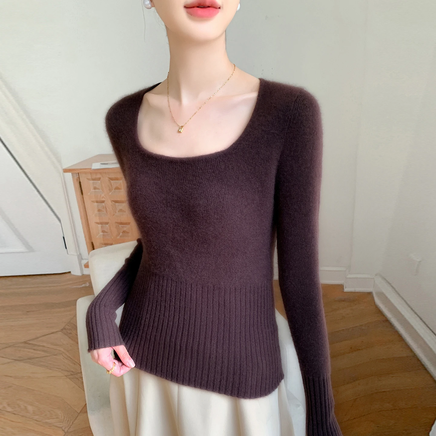 

100% Wool High-elasticity U Neck Women Autumn Winter Sweaters Slim Knitted Pullovers Soft Warm Jumper Female Sweater Knitwear