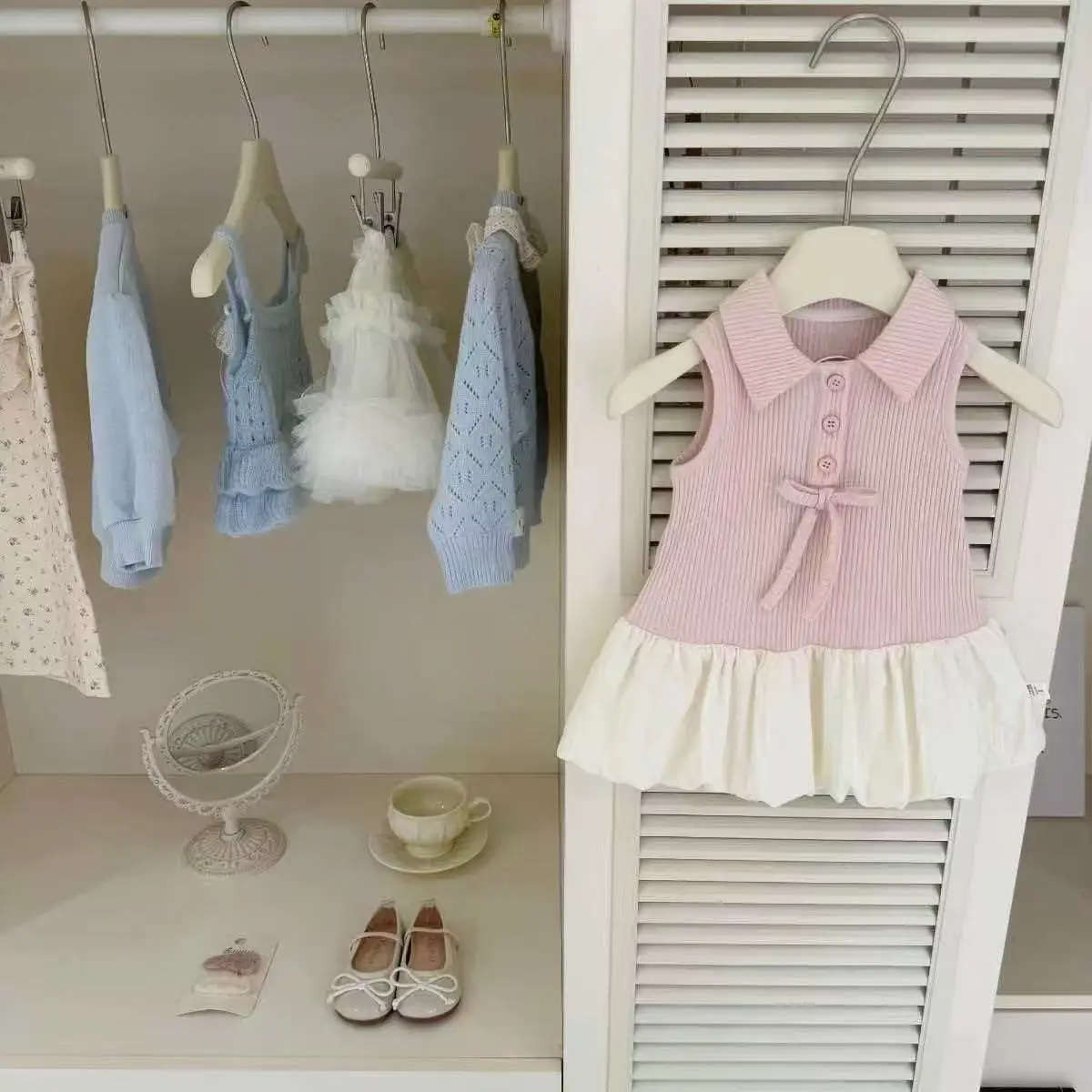 Korean Style Girls Summer Dress Pink Bud Skirt Sleeveless PoLo Neck Cute Sundress for 80-130cm