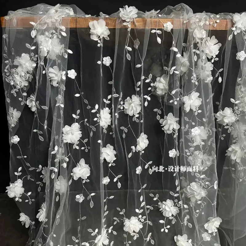 White 3D Flower Heavy Embroidery Sheer Tulle Fabric Floral Applique Transparent Mesh Cloth for Wedding Dress Bridal Gown Cosplay