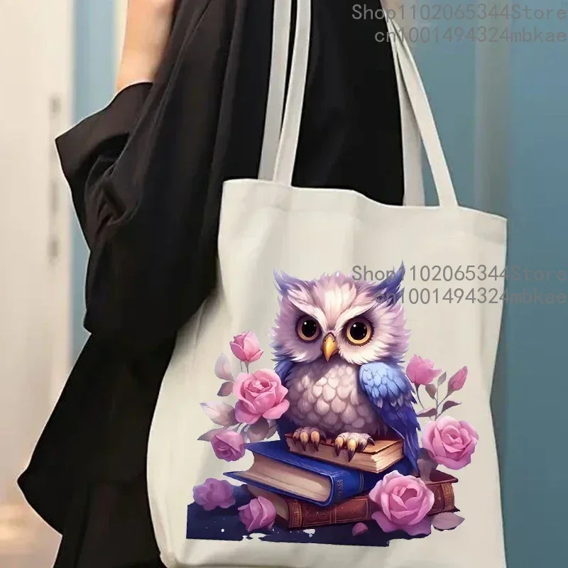 Cute Flower Owl Casual Tote Bag Women Watercolor Animal Shopping Bag Teen Cartoon Animal Shoulder Commuter Bags Female Handbag