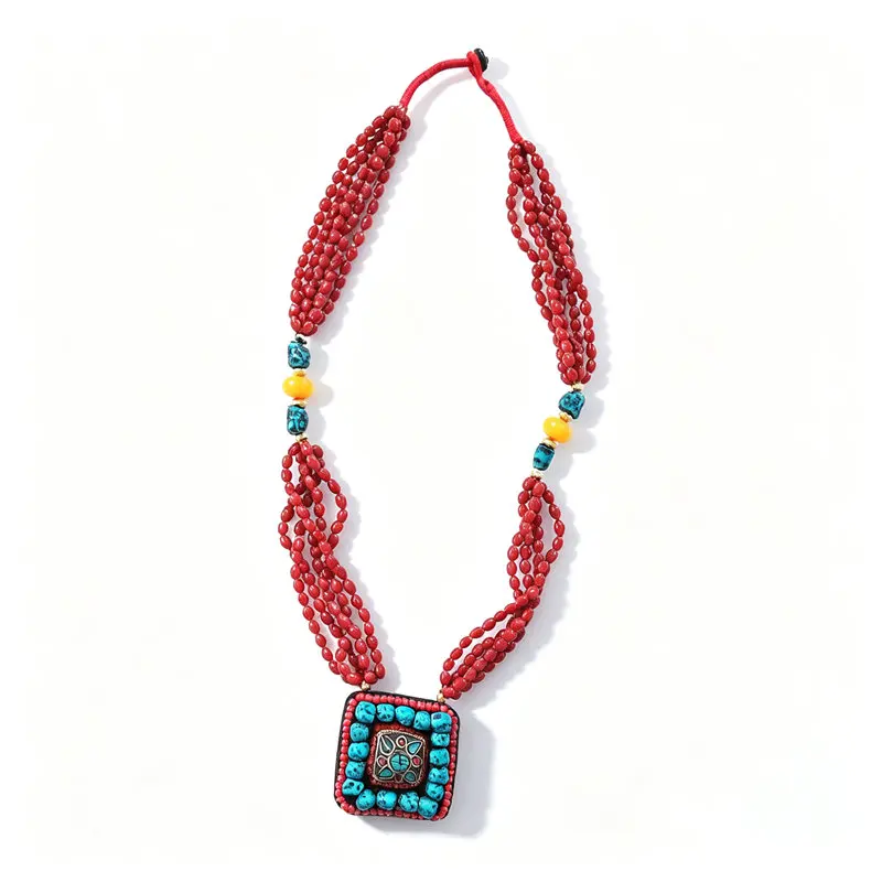 Tibetan Jewelry Big Squre Pendant Necklace with Red Lampwork Glass Beads Chain TNL202