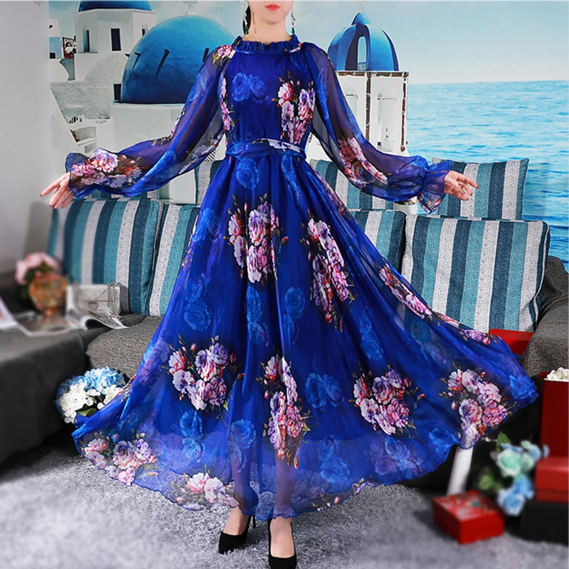 Vibrant Floral Maxi Dress Plus Size Summer Casual Bohemian Chiffon Beach Holiday Bangkok Dress Woman Full Length Abayas Robes