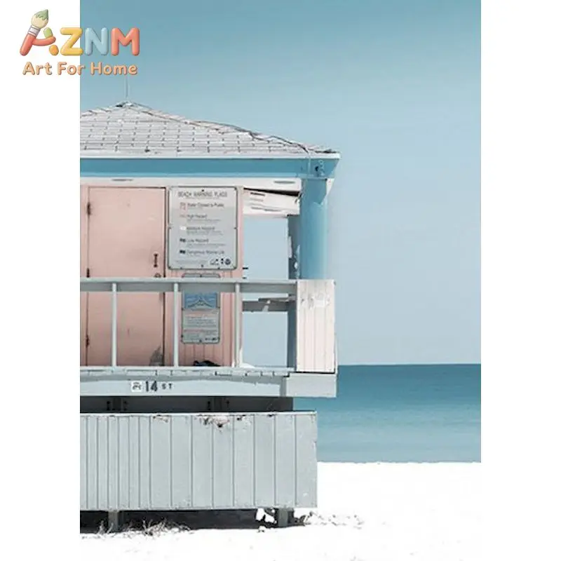 AZNM Mediterranean Coastal City Canvas Wall Art Beach Seagull Ocean European Building Street Scenery Pastel Tone Minimalist Unfr