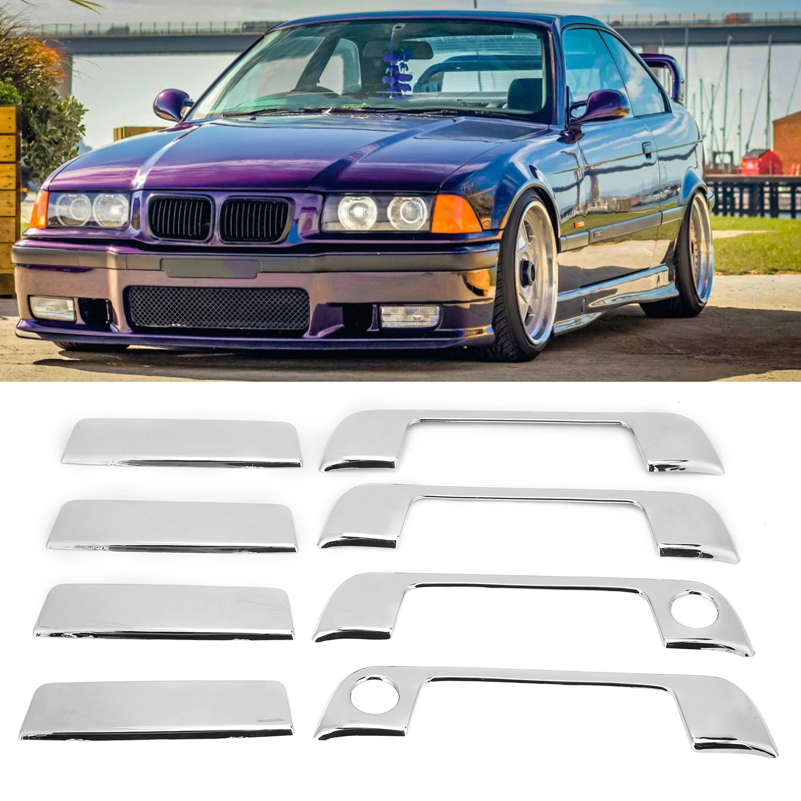 8PCS Car Accessory Door Handle Frame Strip Cover Automobile Outer for BMW E34 E36 1995‑1999 Puller Trim Replacement Chrome view 2