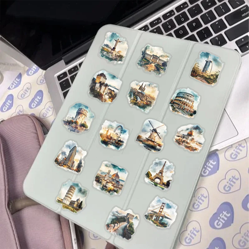 Autocollant de voyage de frappe de ville, étiquette de bâtiments célèbres, pour réfrigérateur, ordinateur portable, téléphone, valise, Skateboard, Graffiti étanche, DIY bricolage, 50 pièces