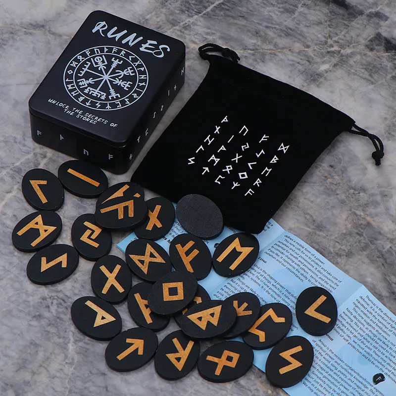 

2025 New Woodcut Runes Symbol Wooden Carving Set Black Ruvan Viking Runes 12 Constellation Symbol Set Wooden Carving