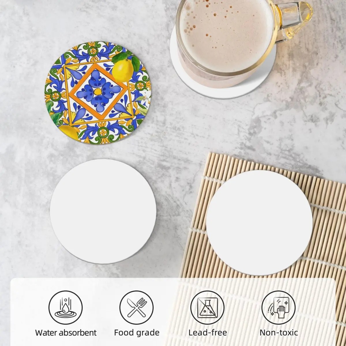 Summer ,Sicilian tiles ,citrus,oranges,majolica,lemons ,Mediterranean Ceramic Coasters (Set of 4) Cup mat cute Coasters