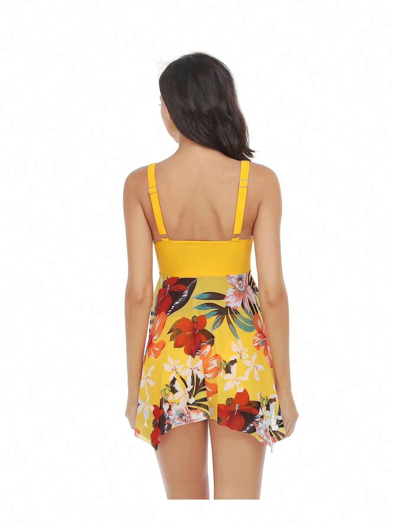 Digital printed swimsuit conservative tankini one-piece women's swimsuit mesh skirt flat corner two-piece set beach vacation swi