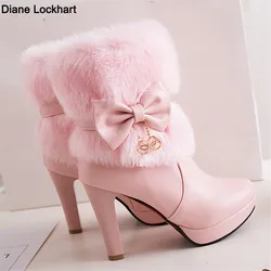 2024 Winter Womens Fashion High Heel Boots Pink White Black Fur Tassel Bowtie Lovely Lolita Ladies Party Wedding Shoes size32-43