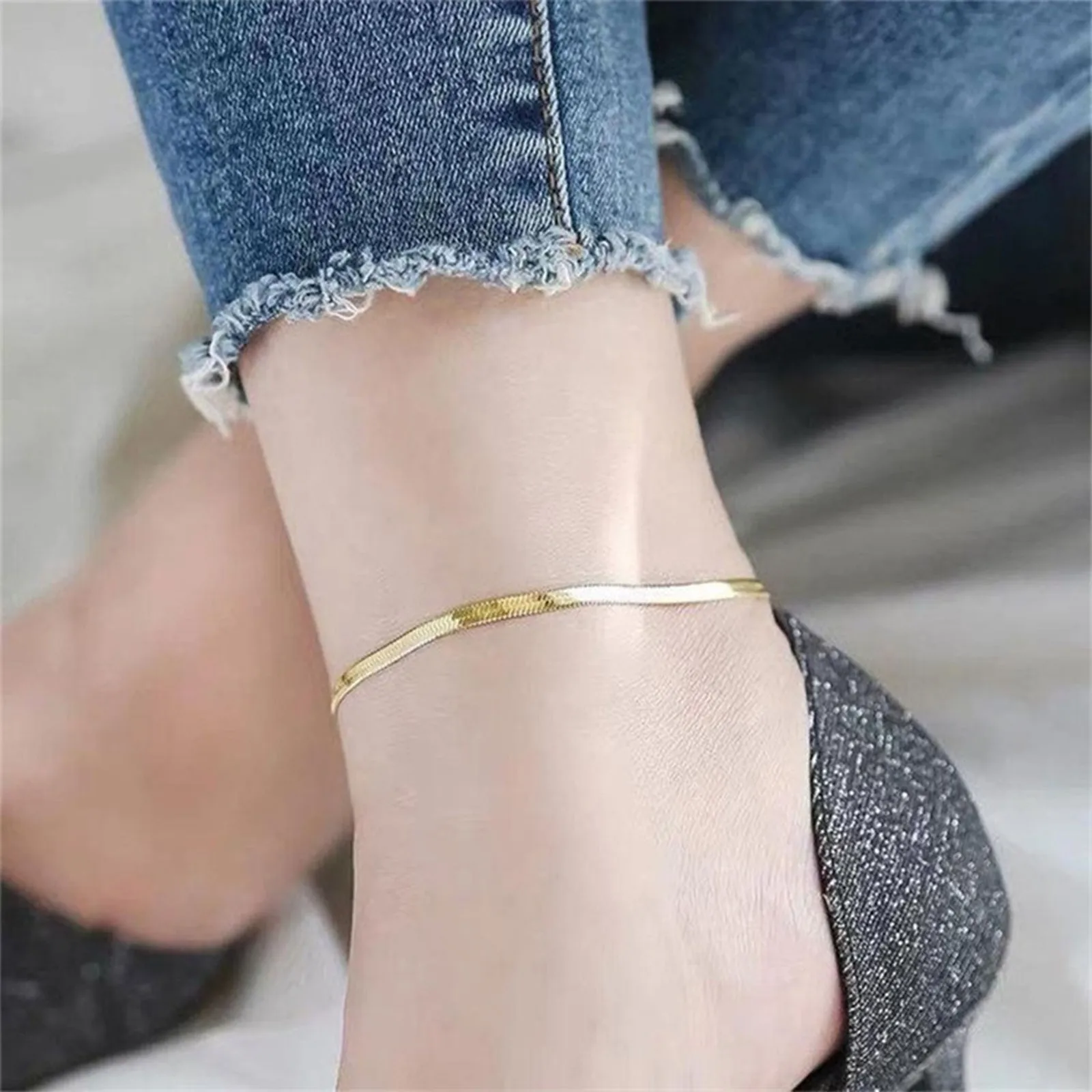 Simple Elegant Stainless Steel Anklet Women'S 4mm Vacuum Gold Plated Flat Ankle Light And Luxurious Anklet Summer Accessories