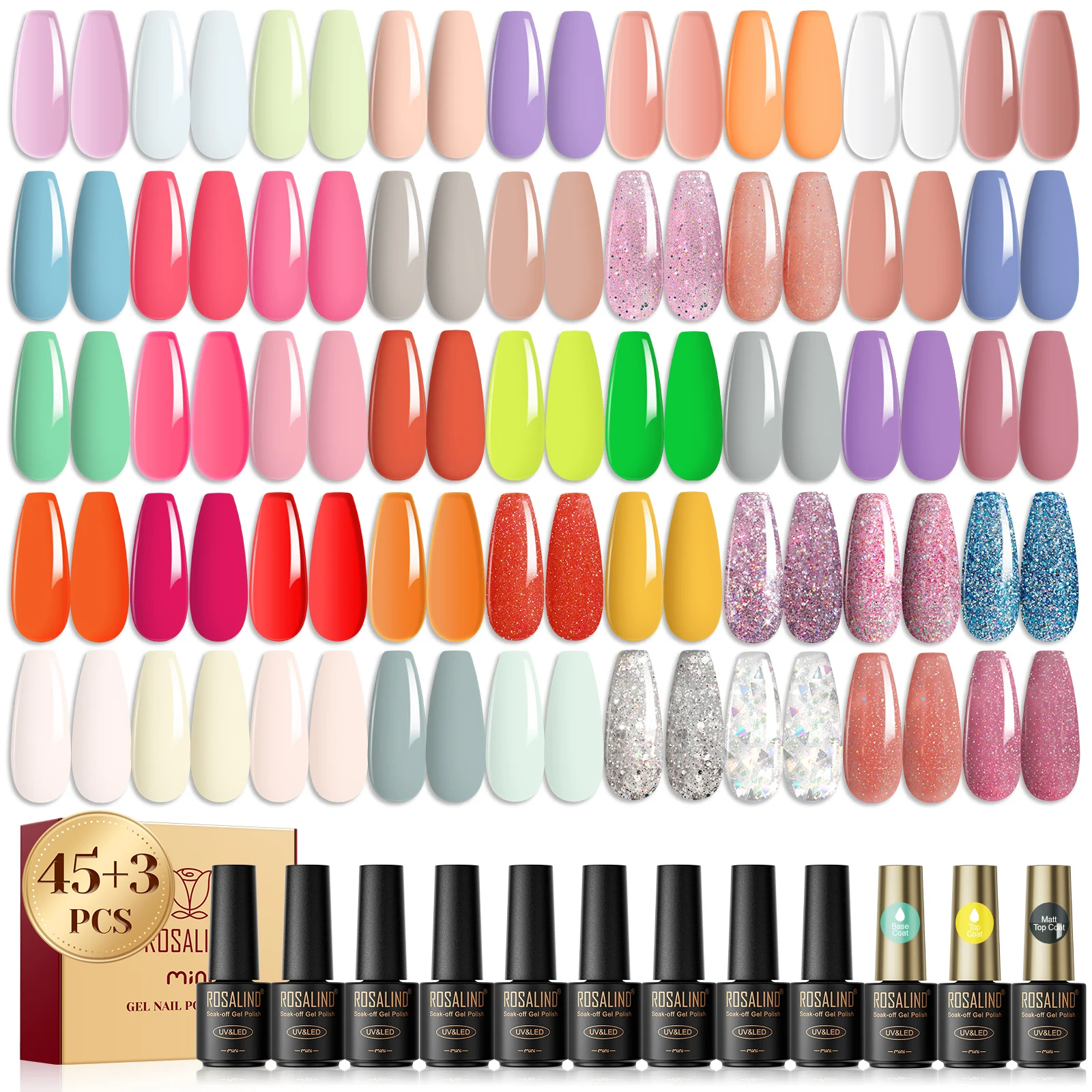 

ROSALIND 48PCS Gel Nail Polish Set, 45 Colors Macaron Glitter Series Gel Polish Starter Set with Matte & Glossy Gel Top Base Coa