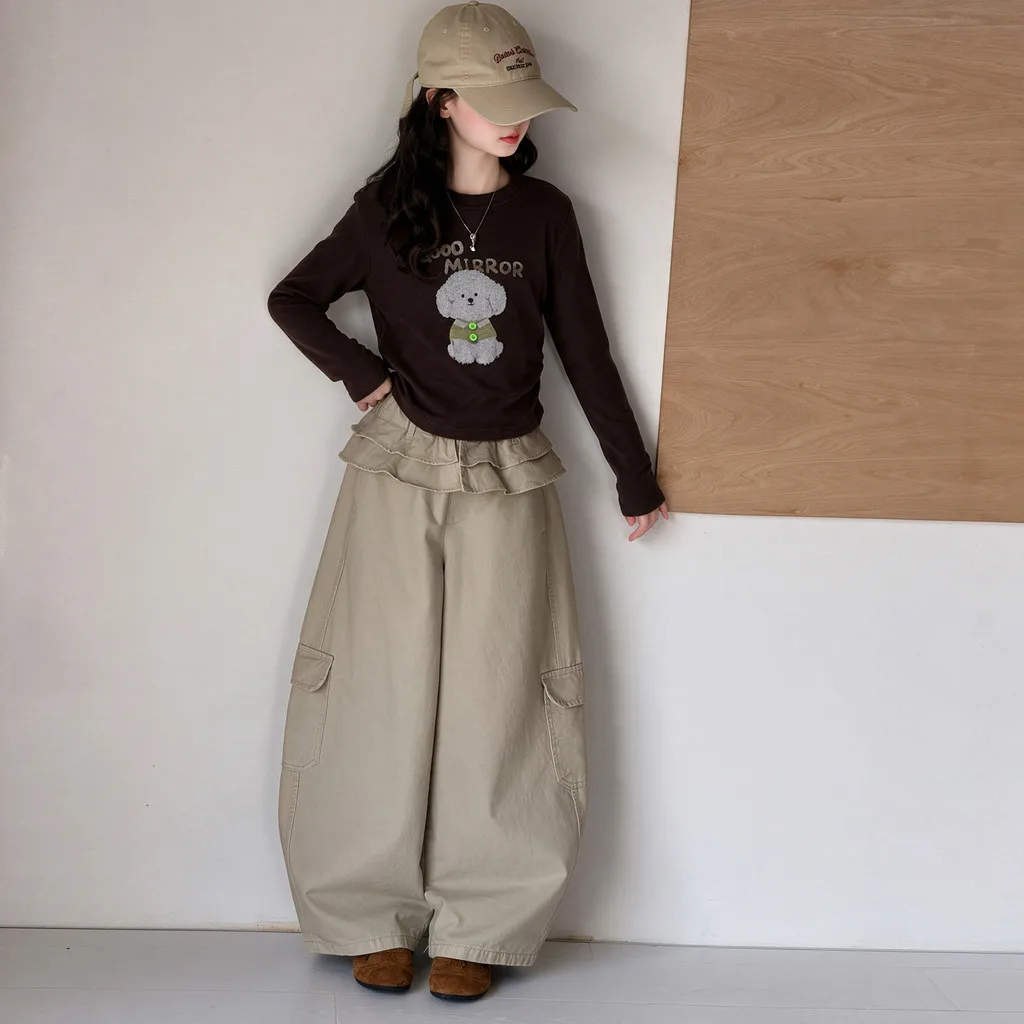 Girls Cute Puppy Print Long Sleeve T-shirt and Ruffled Cargo Pants Children Clothes Suit 2026