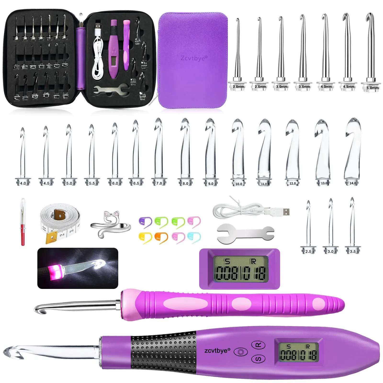 24Pcs LED Light Crochet Hook Set with Stitch Counter, Ergonomic Knitting Needles DIY Weaving Tools Kit