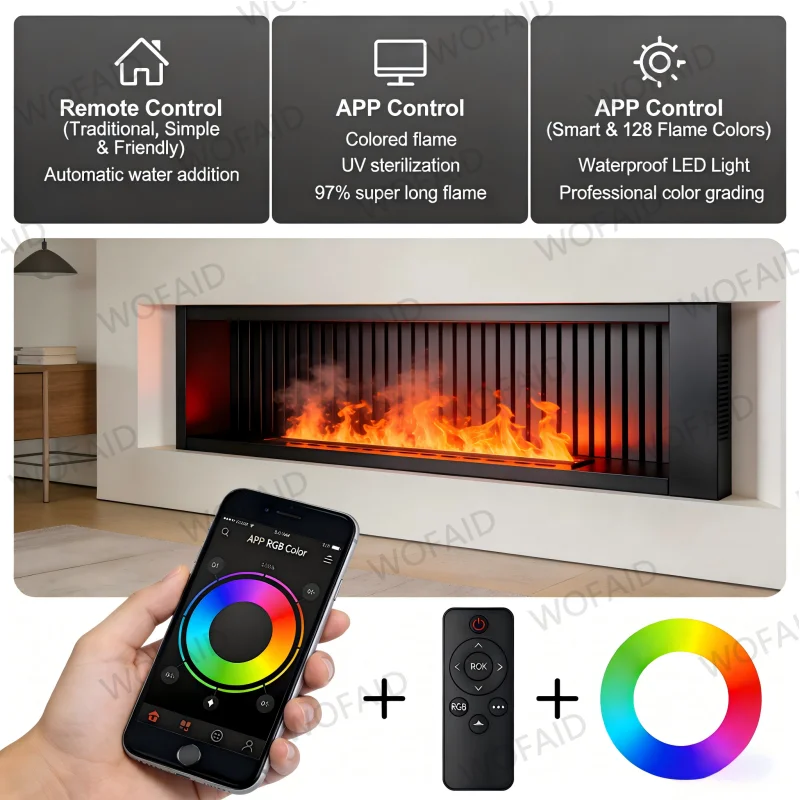 Long Linear Electric Fireplace 1800mm 3D Water Vapor Steam Effect Remote Touch Panel Adjustable Flame Speed Color Extra Large