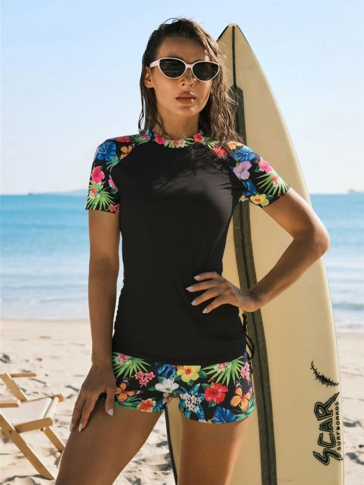 Two Piece Swimsuit Women 2026 New Solid Print Short Sleeves Sexy Tankini Swimwear Summer Shorts Beach Wear Bathing Suit Female