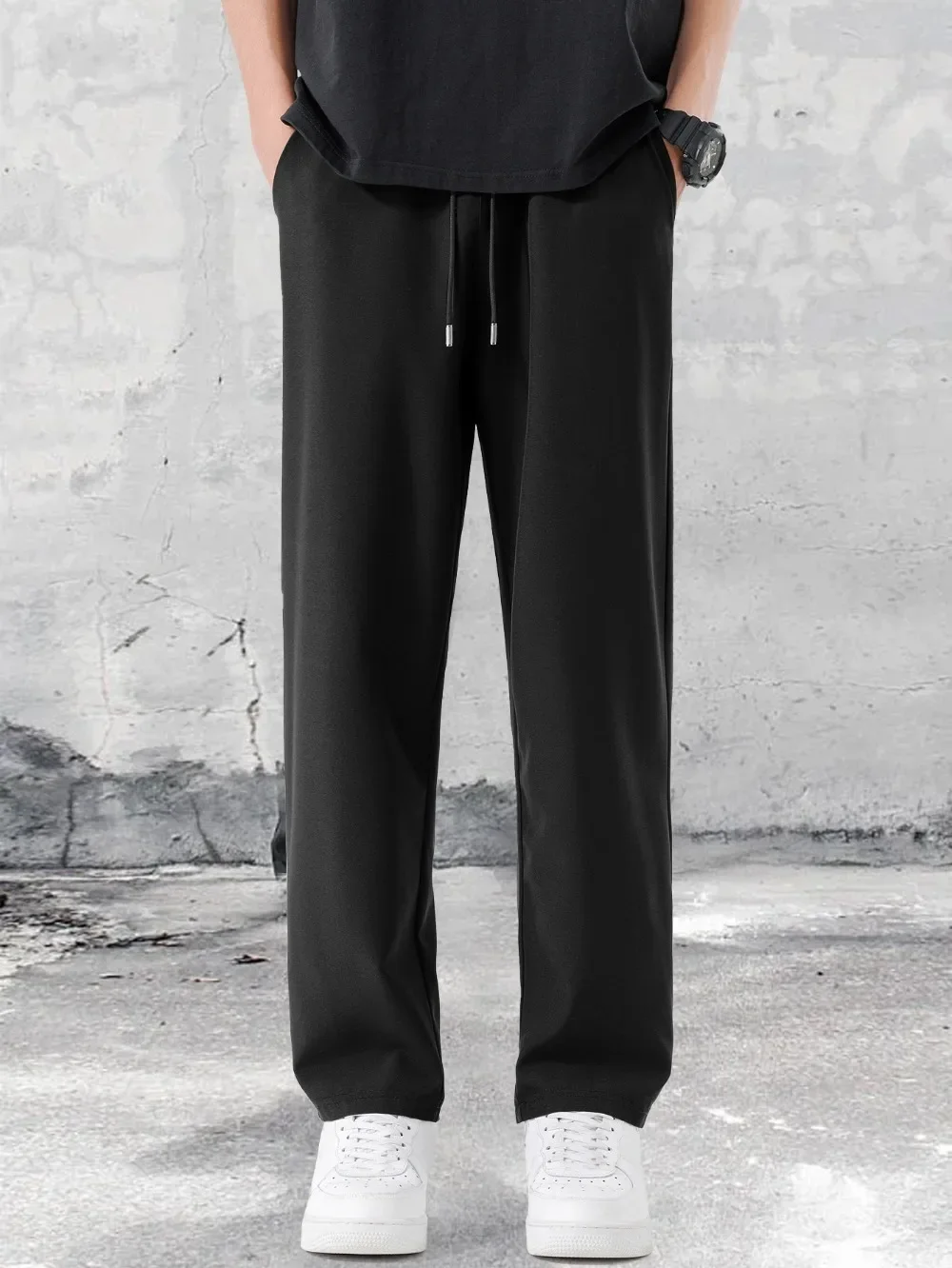 

Men's Summer Casual Pants Breathable Loose-Fit Mid-Rise Straight-Leg Trousers Subtle Print Machine Adjustable Belt for Office