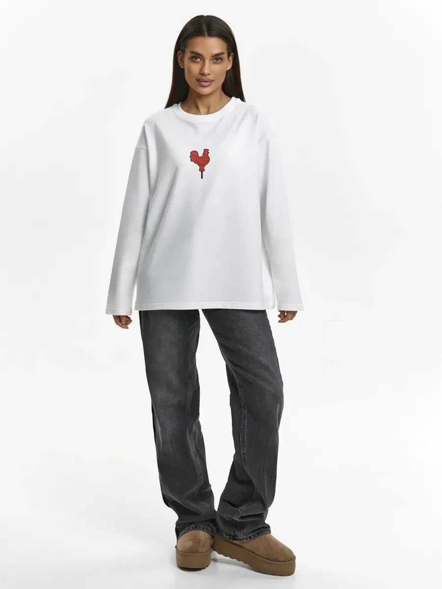 Women's Cotton Crew Neck Long Sleeve T Shirt Retro Red Rooster Lollipop Print T Shirt Loose Casual Top Autumn Clothes