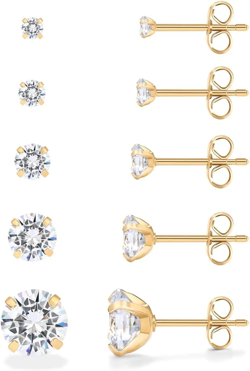 

Waterproof Five Pairs Stud Earrings for Women - 14K Gold Plated Stainless Steel Pack of 5 Cubic