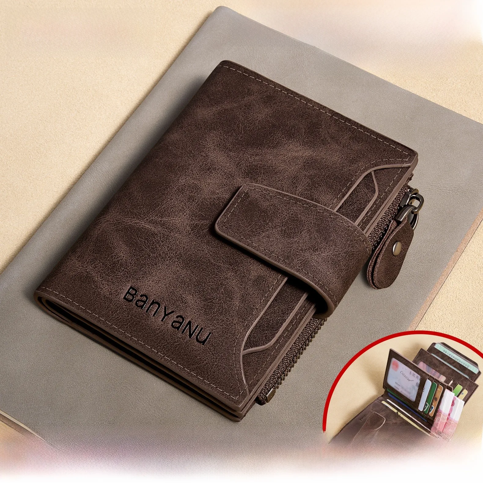 top-layer-cowhide-leather-wallet-men's-short-style-multi-function-popular-model-three-designs-vintage-style-zipper-closure