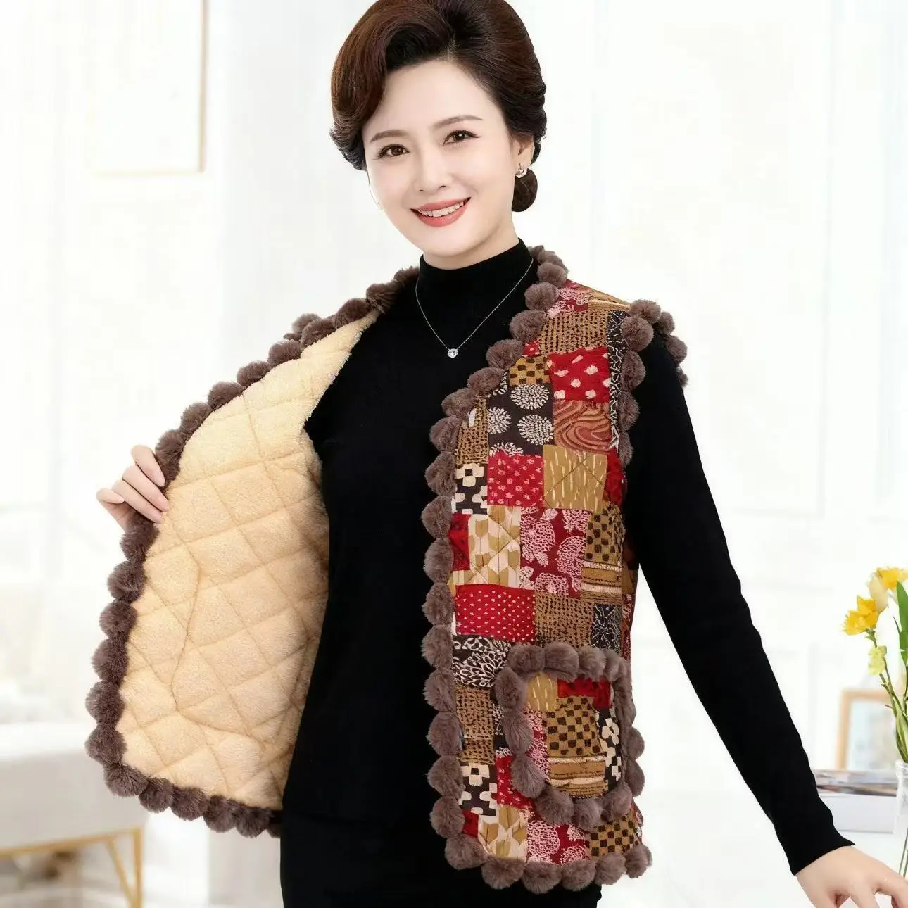 جديد النمط الصيني سترة القمم المرأة الخريف الشتاء معطف بلا أكمام الأمهات في منتصف العمر خمر موضة رشاقته المخملية سترة الإناث #3