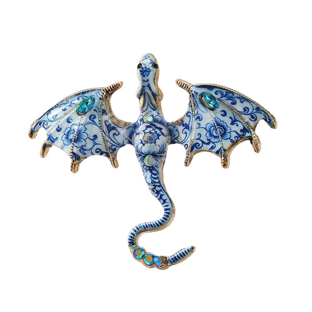 Zinc Alloy Enamel Flying Dragon Brooch Fantasy Dragon Colorful Rhinestone Animal Dragon Brooch Gothic Chinese Blue Porcelain