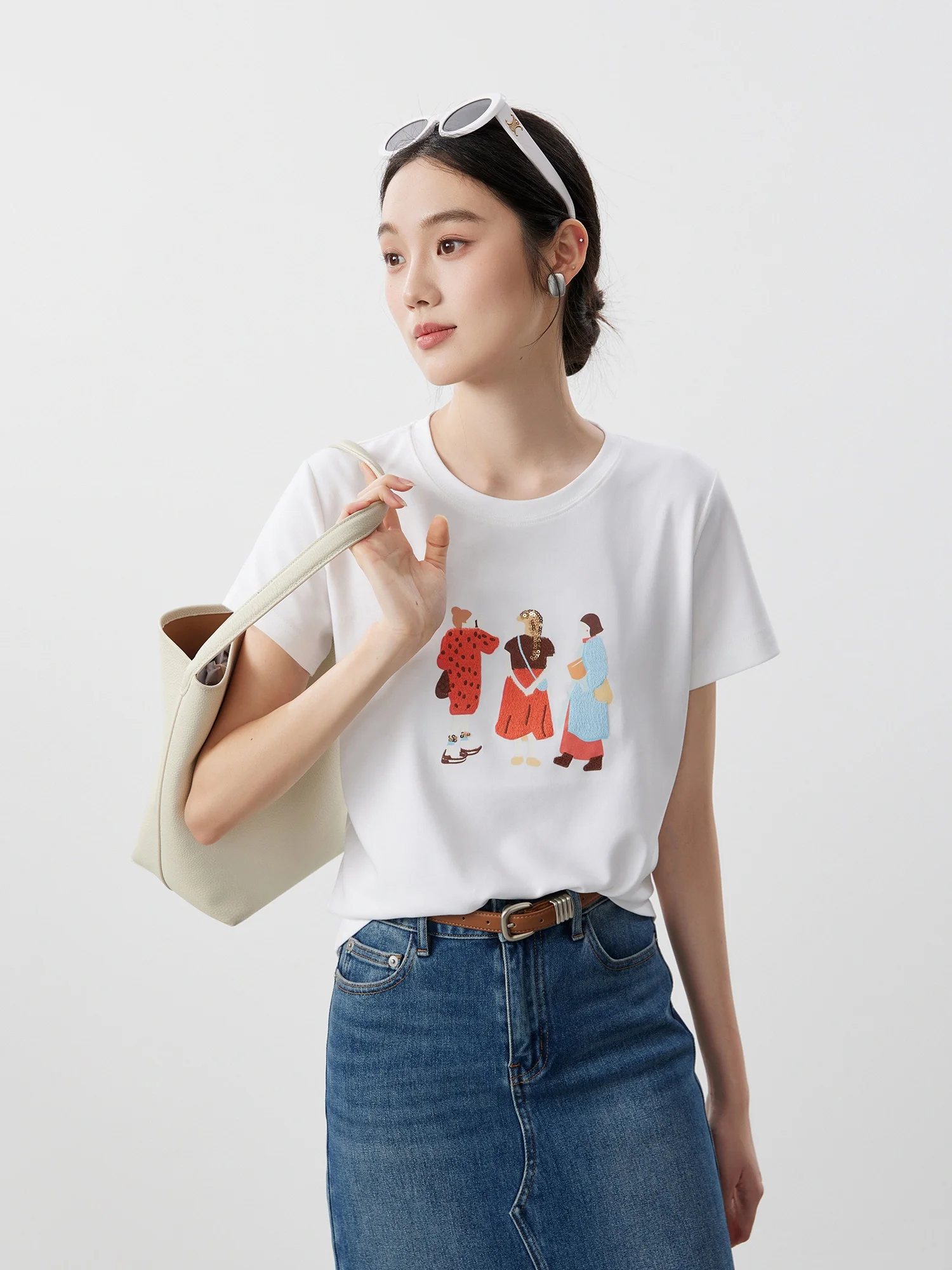 

Elastic Cotton Short Sleeve T-Shirt Embroidered Basic Girls Casual Loose Fit Spring 2026 Women's Fashion Daily Wear round Neck