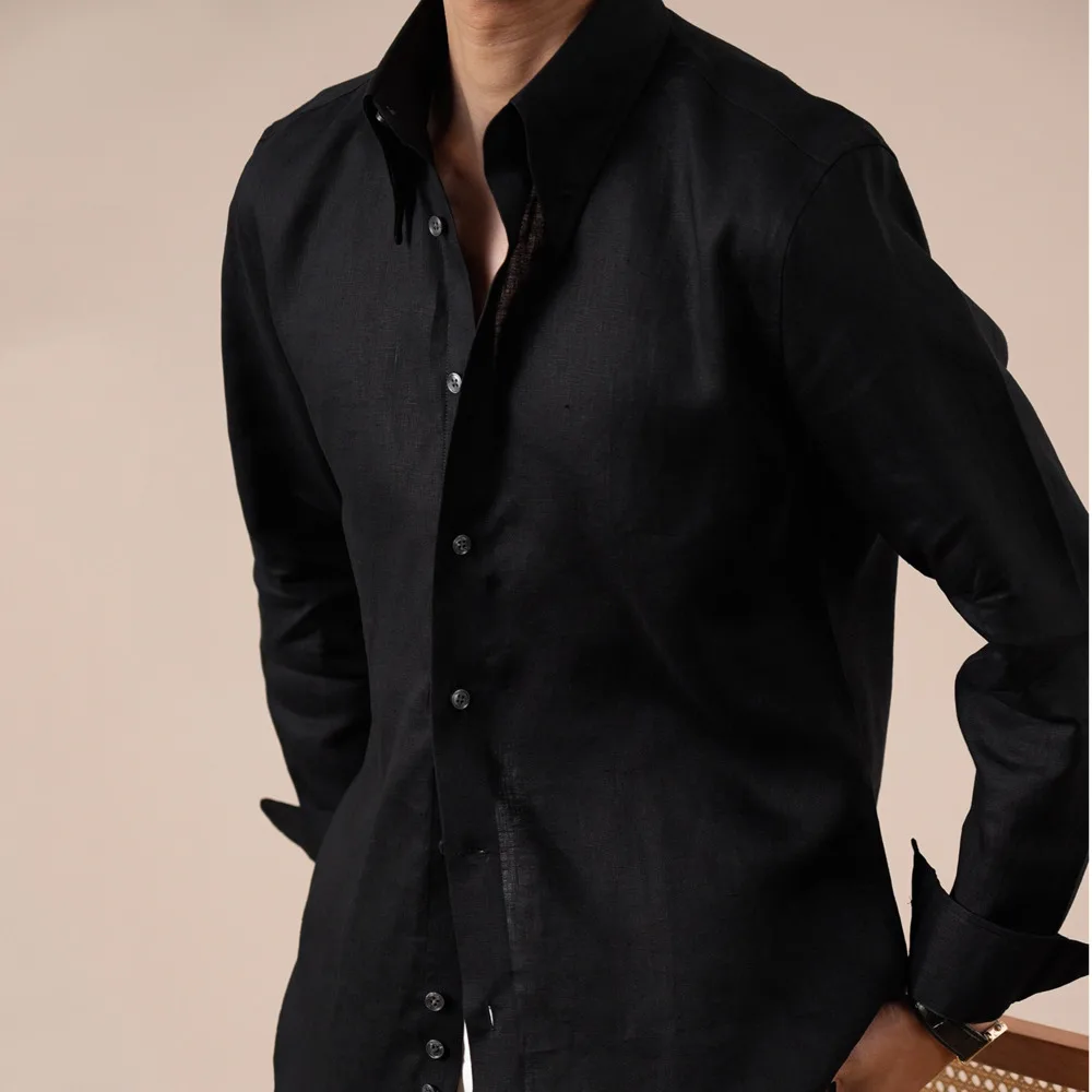 100% Linen High Quality Men's Long-sleeve Shirts Italian Long Pointed Collar Breathable  Men Dress Chemise Homme Manche Longue