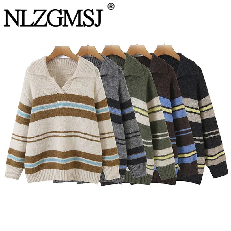 Nlzgmsj 2026 Autumn Winter Women Lapel V Neck Striped Knit Sweater Loose Warm Pullover Casual Long Sleeve Top Y2K
