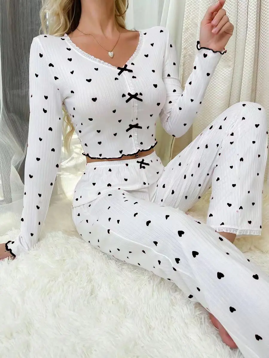 Autumn Women\'s Pullover Pajama Set Sexy Lace V-neck Bow Sleepwear Heart Print Long Sleeves &Trousers Nightwear Loungewear Outfit