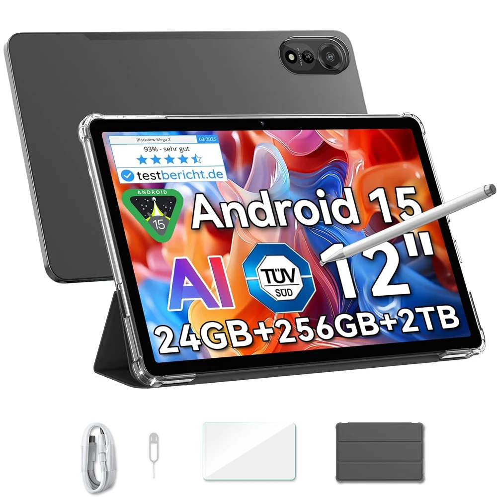 Blackview MEGA 2 tablette PC 12 ''2K FHD + affichage Unisoc T615 12GB + 24GB RAM 256GB ROM 9000mAh batterie 16MP Android 15 4G tablettes