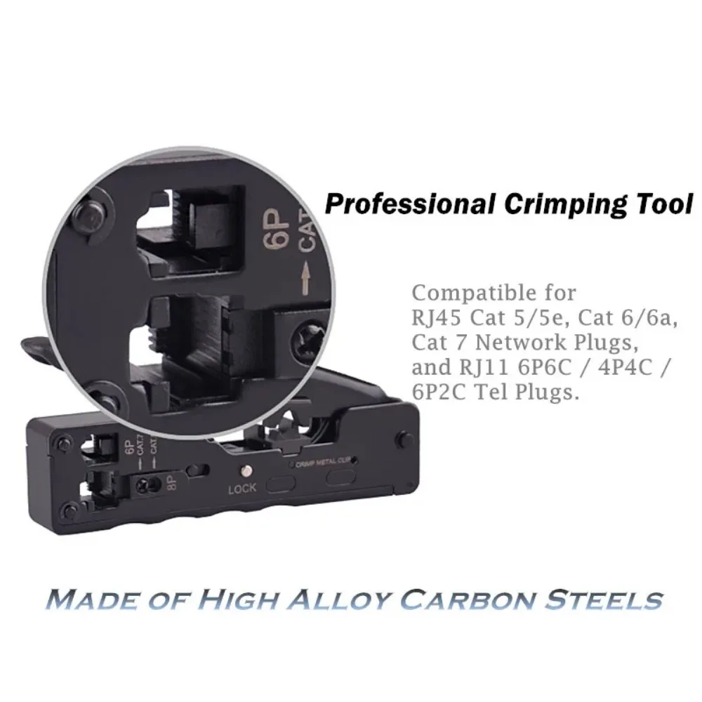 AMPCOM EZ-Type RJ45 Network Crimper - Crimp/Cut LAN CAT8/7/6A/6/5E (STP/UTP/With Tail Clip) & RJ11/12 TEL Modular Cable (AM-718)