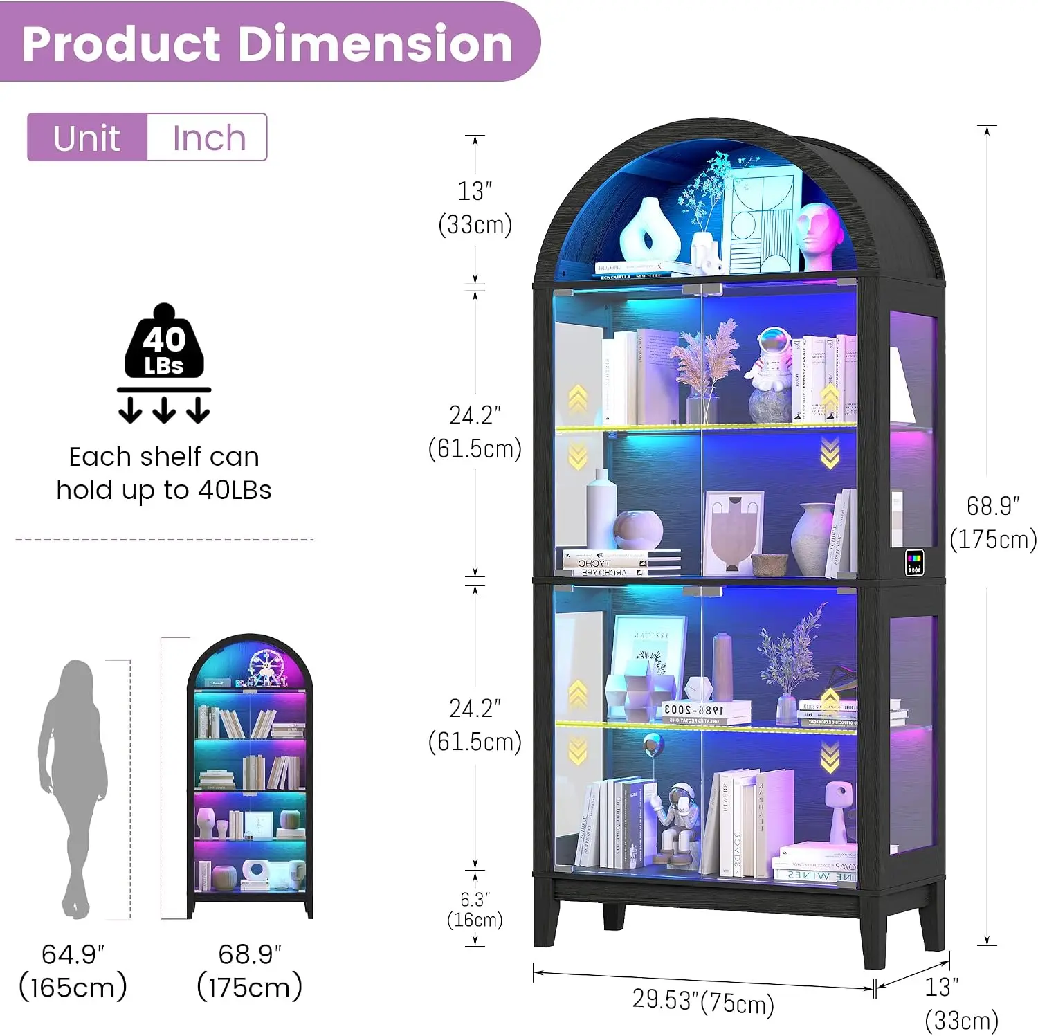 5-Tier Arched Glass Display Cabinet with RGB Music Sync Motion Sensor,Black