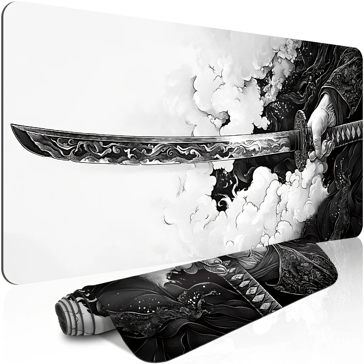 

Игровой коврик для мыши Samurai Sword Black White Art, увеличенный, прочный, нескользящий, с резиновой основой, для офиса
