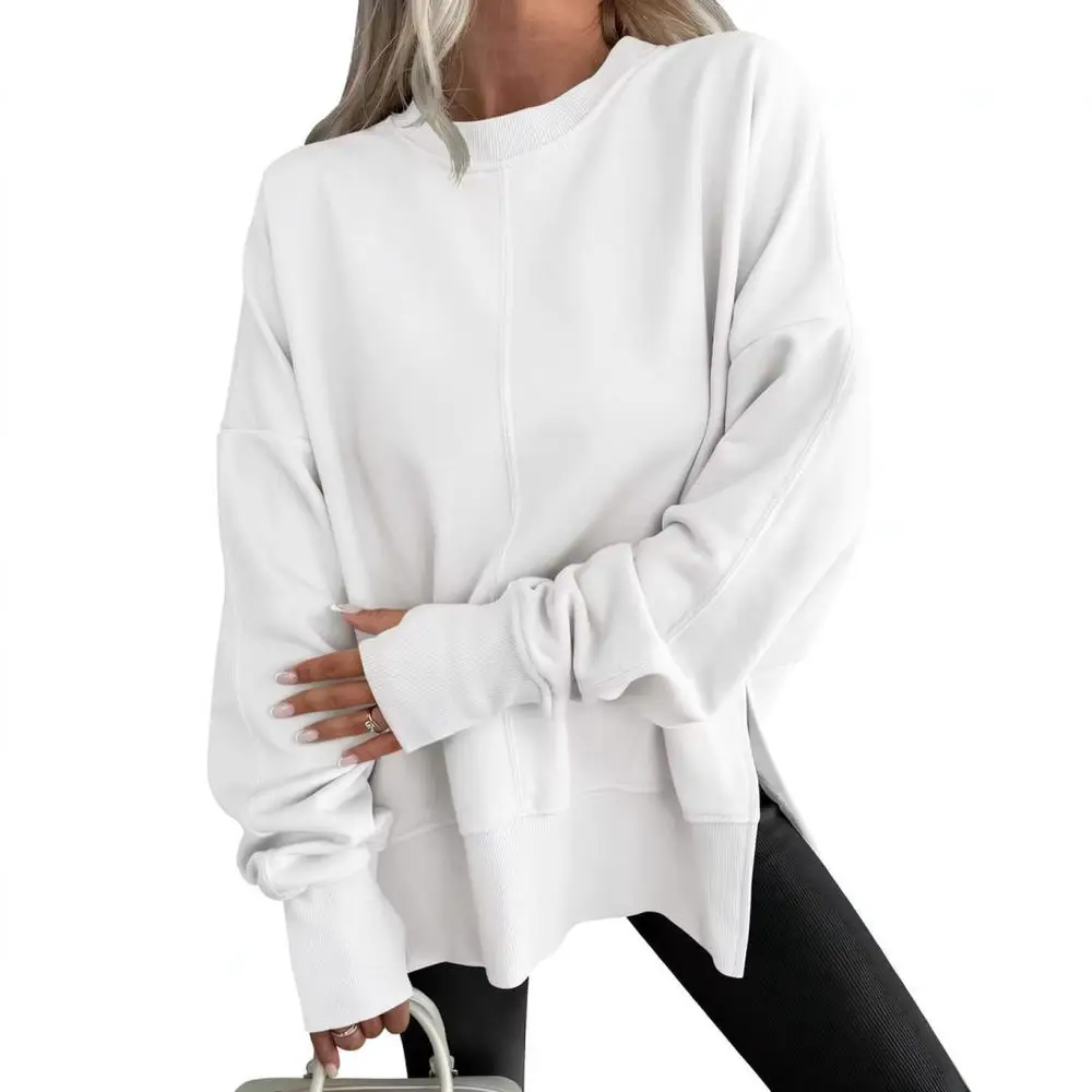 Ladies Fashion Fleece Sweatshirt Loose Crew Neck Batwing Long Sleeve Side Split Pullover Soft Casual Chic Warm Tops