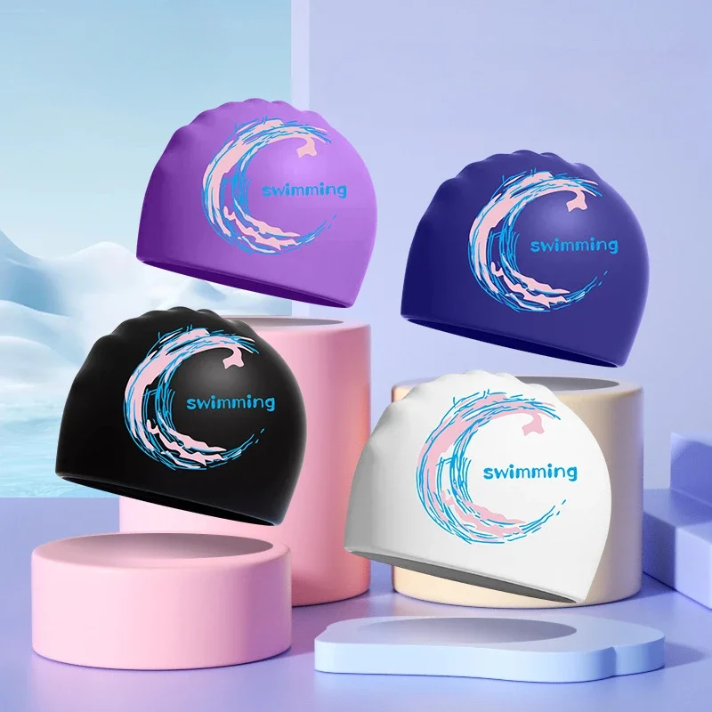 Tampas de natação impressas para homens e mulheres, Universal Silicone Swim Caps para adultos, Cabelo comprido, Proteção de ouvido, Tamanho grande