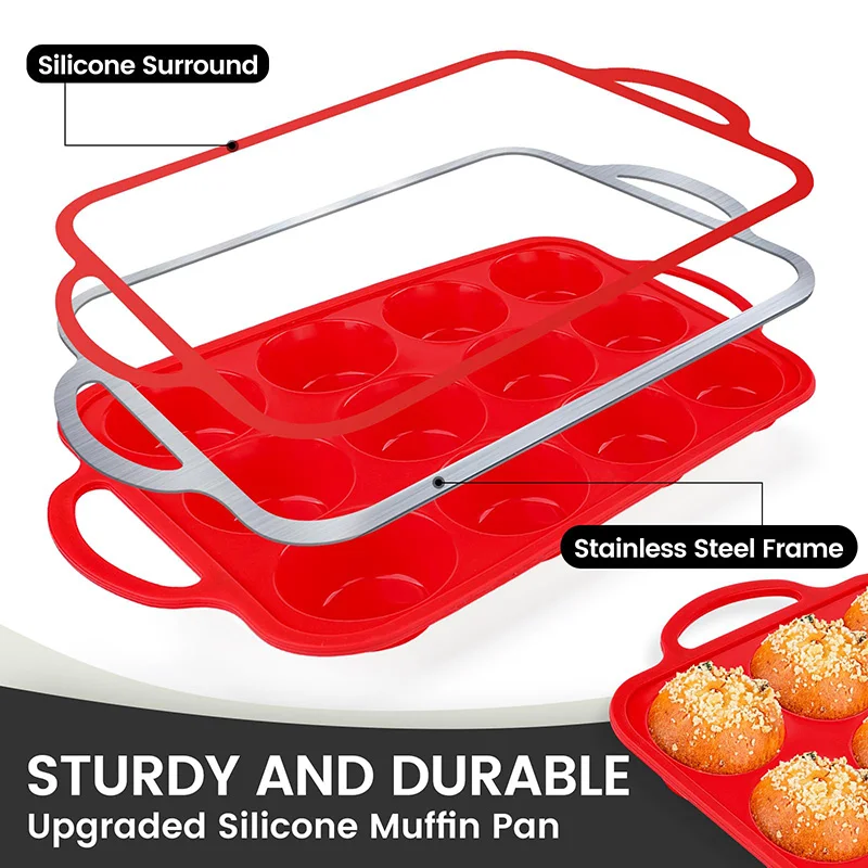 Silicone Muffin Pan for Baking with Metal Reinforced Frame 12 Cup Regular Size Cupcake Pan BPA Free Muffin Cupcake Baking Tray
