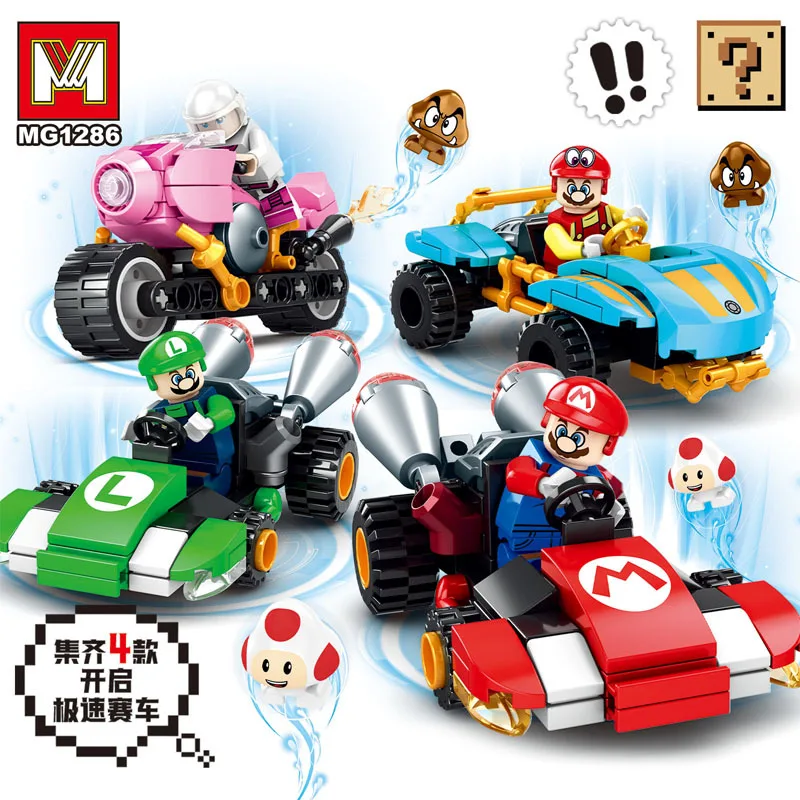 Super Mario Bros Building Block Karting Luigi Bowser Princess Peach Yoshi Toad Figure Toys Pull Back Car Game Doll Kids Gifts