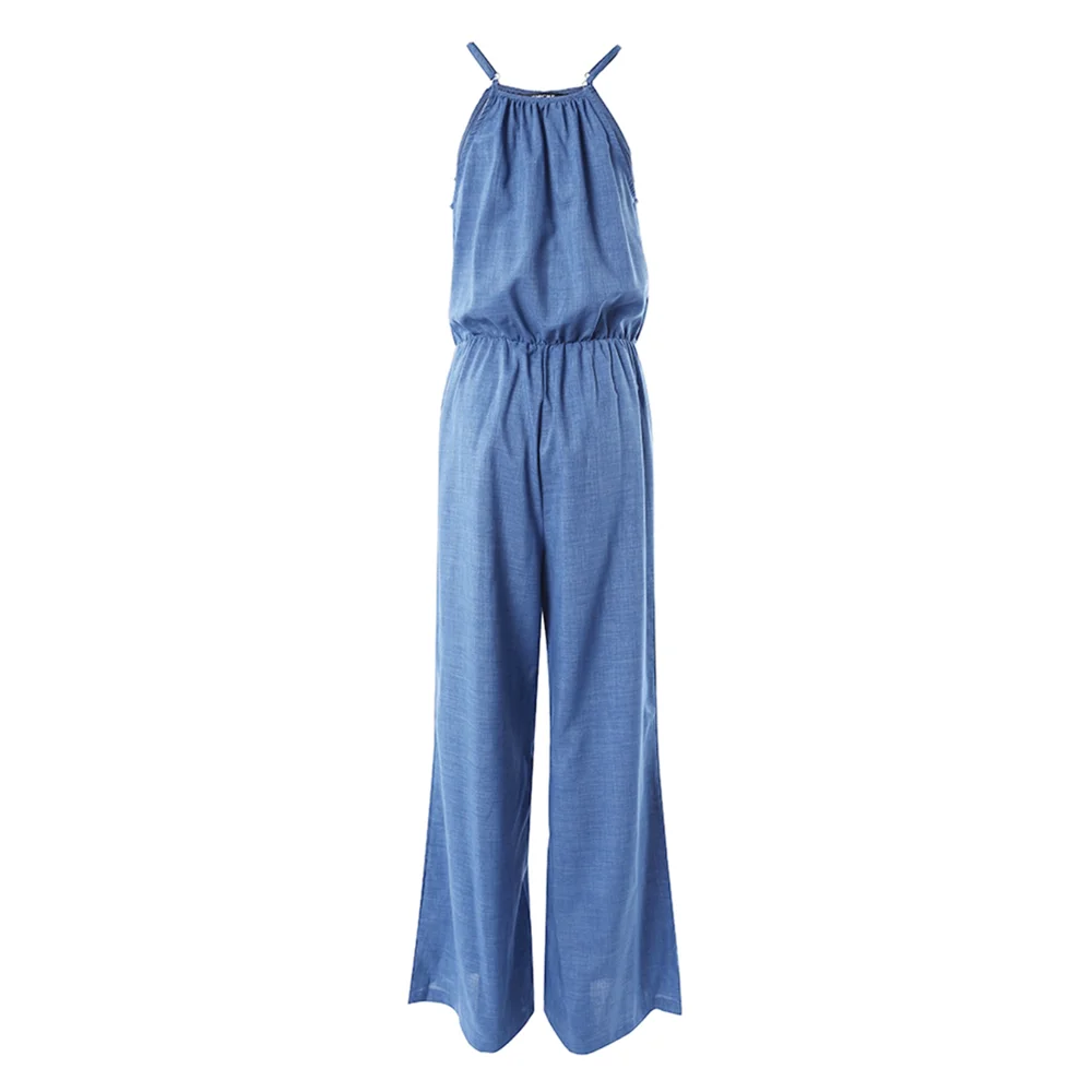 Women's Casual Solid Color Wide Leg Straight Overalls Summer Sleeveless Spaghetti Strap Drawstring Waist Jumpsuits