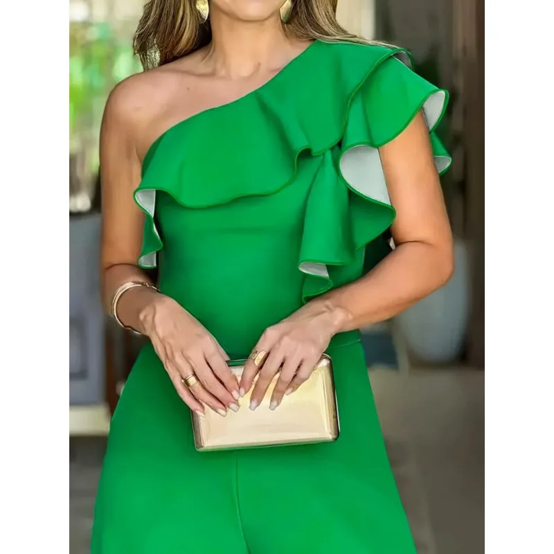 Cross-Border Women's Clothing European and American Elegant Women's Clothing Jumpsuit One Shoulder Ruffled One-Piece Jumpsuit