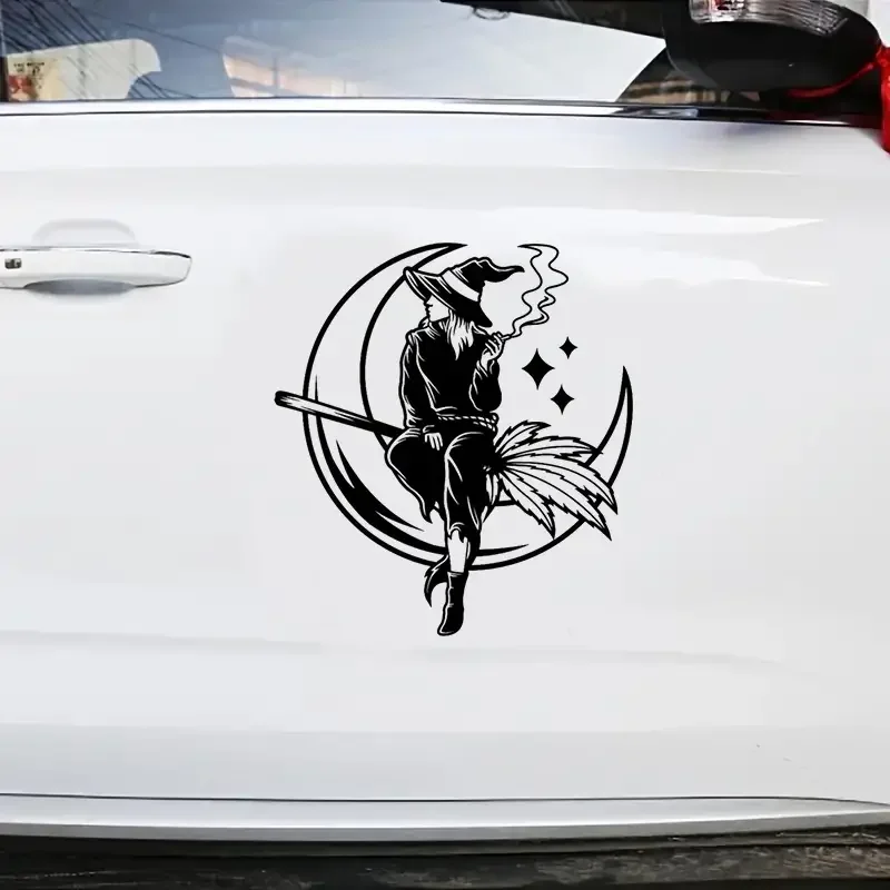 Witch Smoking Night Moon Car Stickers, For Laptop Water Bottle Car Truck Van SUV, Motorcycle Vehicle Window Wall Cup Decals, Aut