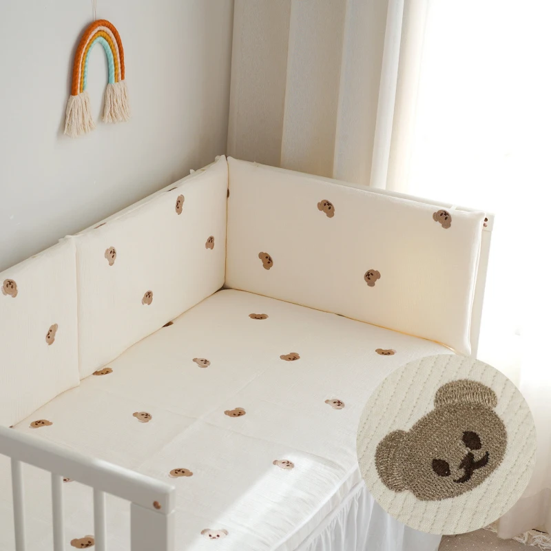 

60x30cm Embroidery Bear Toddler Baby Crib Bumpers Pad for Infant Cot Safety Universal Anti-collision Cotton Liners Protector